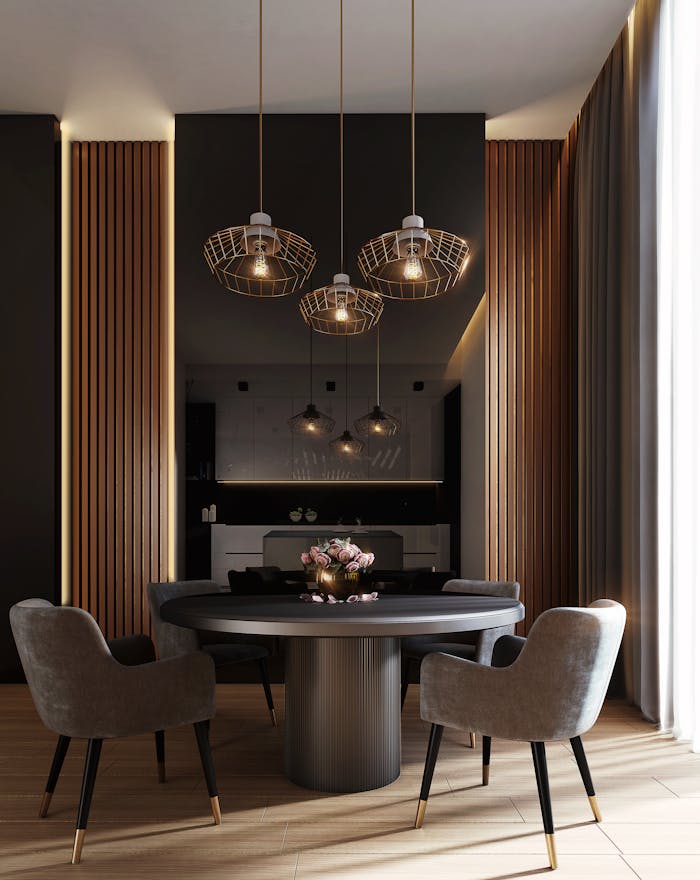 about-01 A sophisticated, contemporary dining room with elegant lighting and luxurious furnishings.